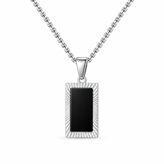 Silver sunburst frame pendant with black rectangular inlay