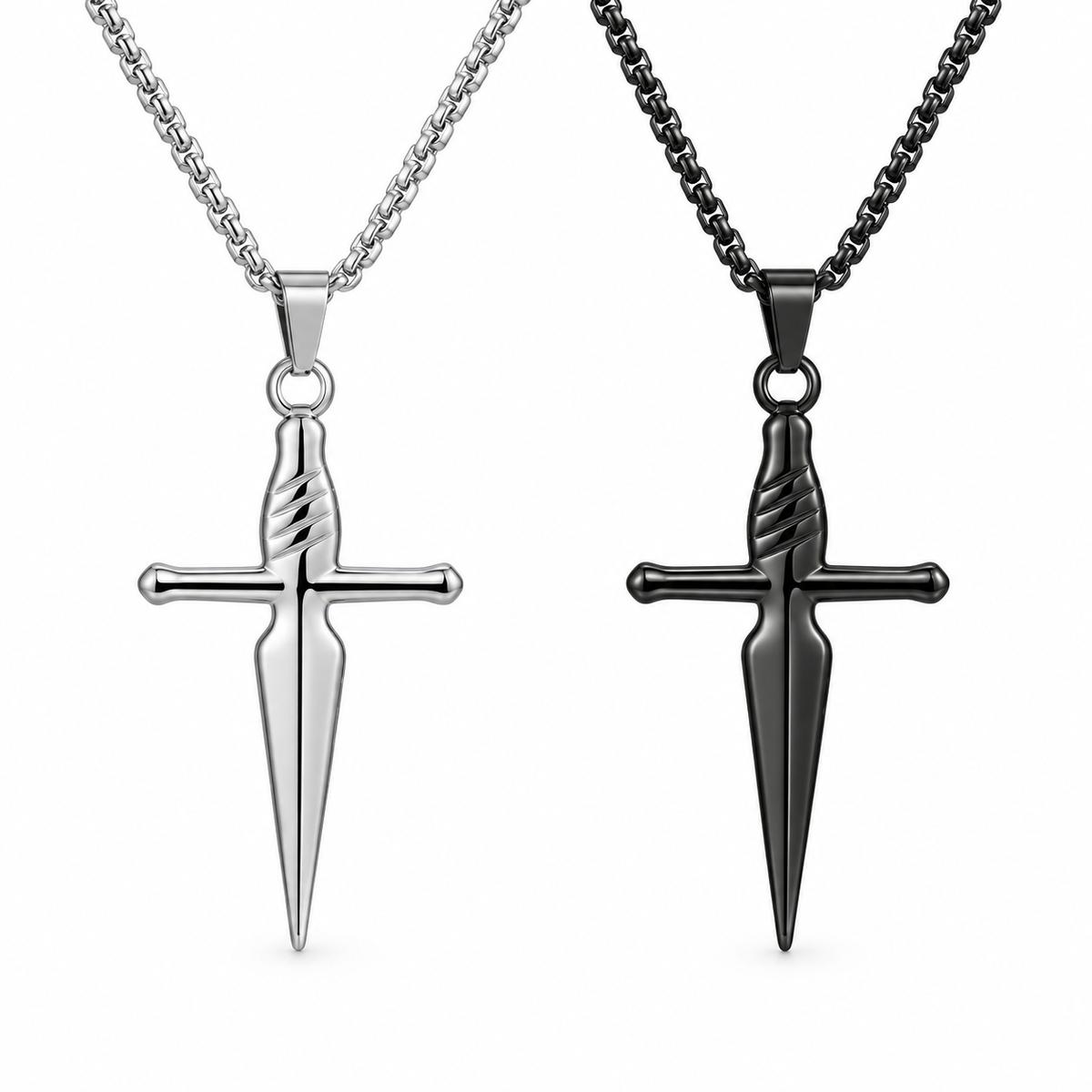 Silver and black cross dagger pendant necklaces