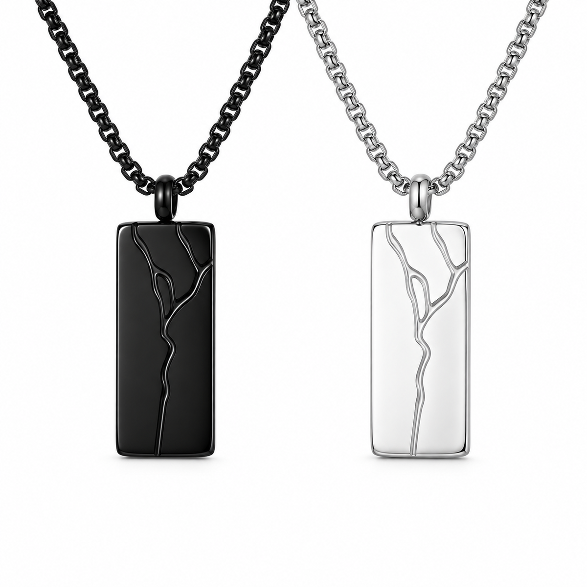 Black and silver branch-line rectangular pendant necklaces