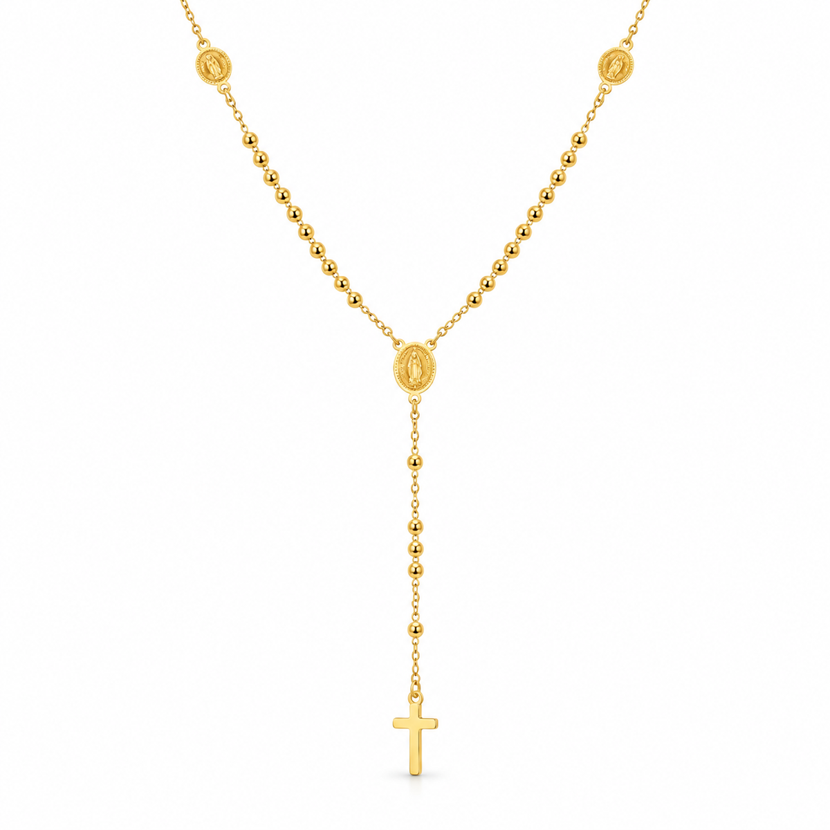 Gold rosary style Y necklace with cross
