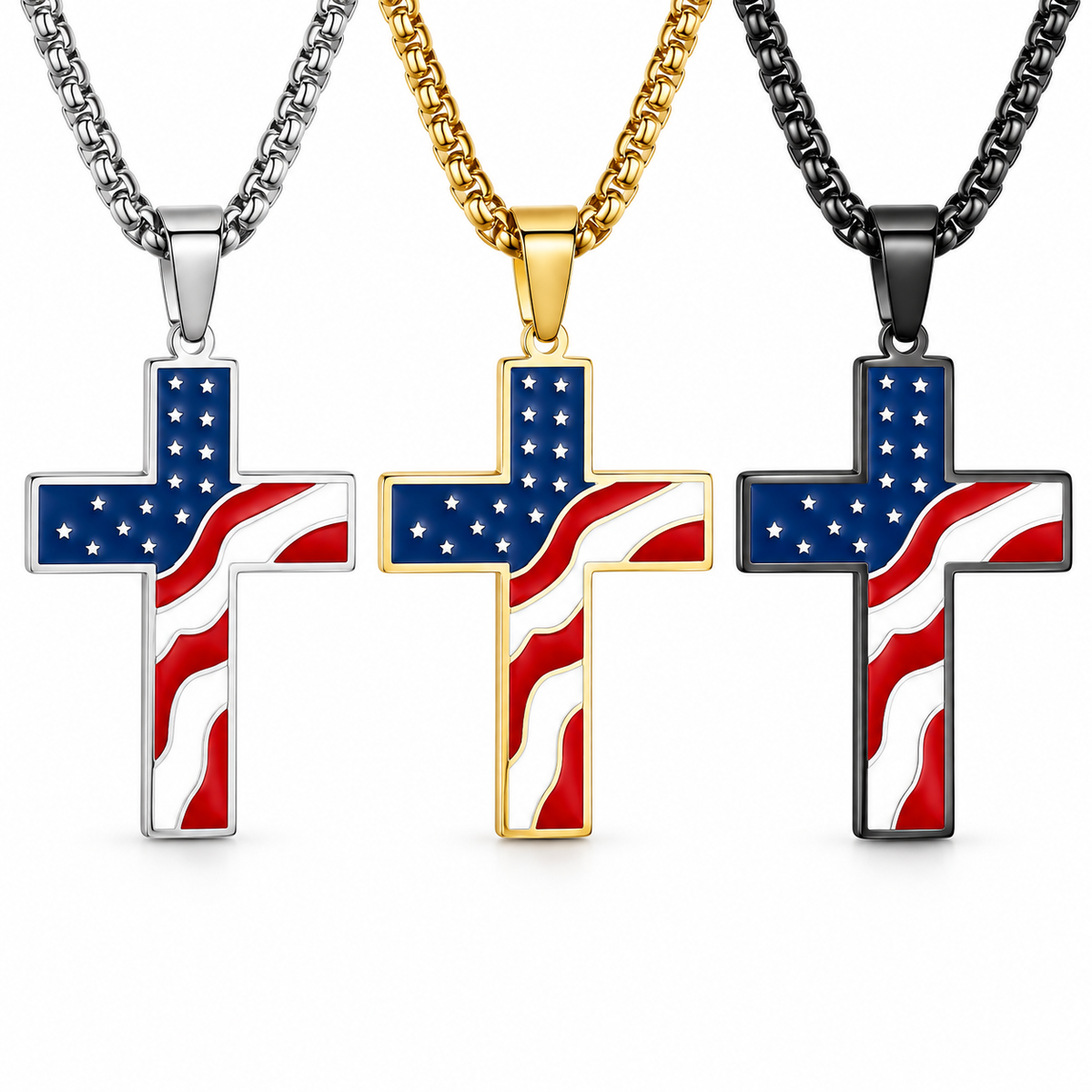 American flag cross pendant necklaces in silver gold and black
