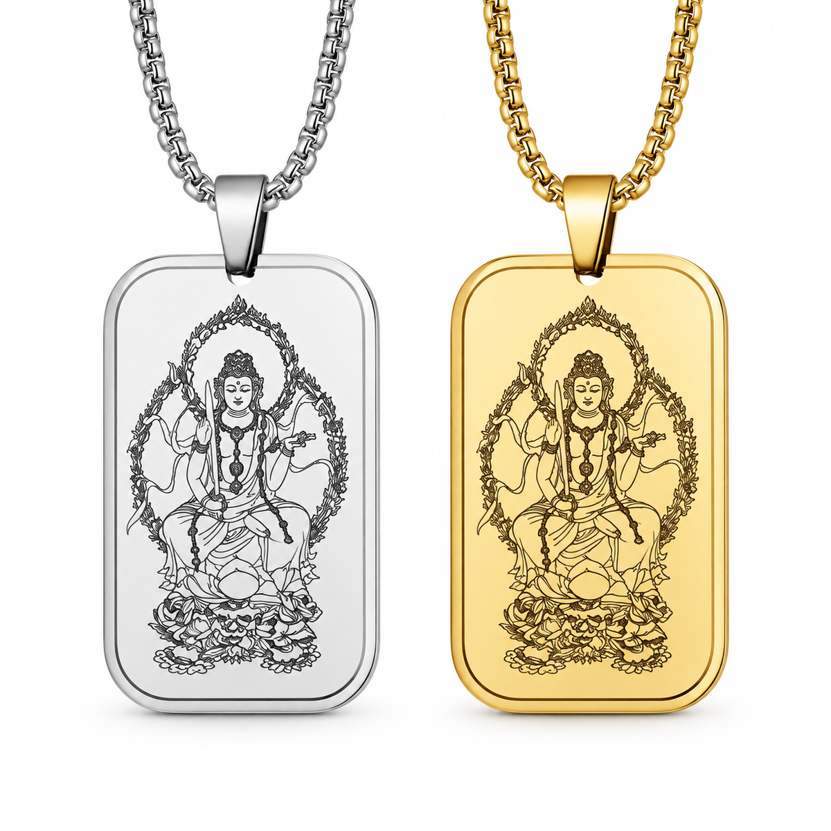 Silver and gold Buddhist deity pendant necklaces