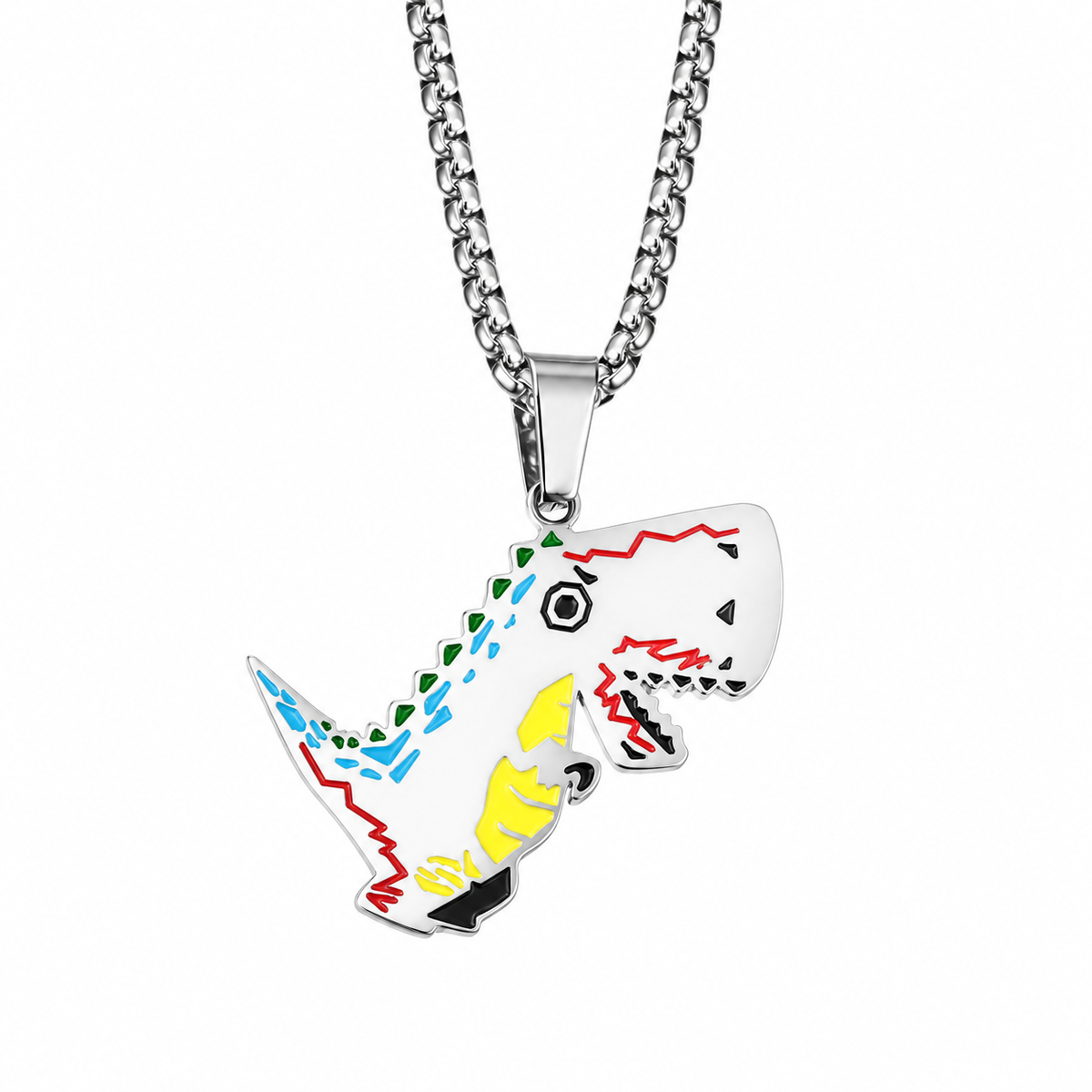 Colorful dinosaur pendant necklace in polished silver