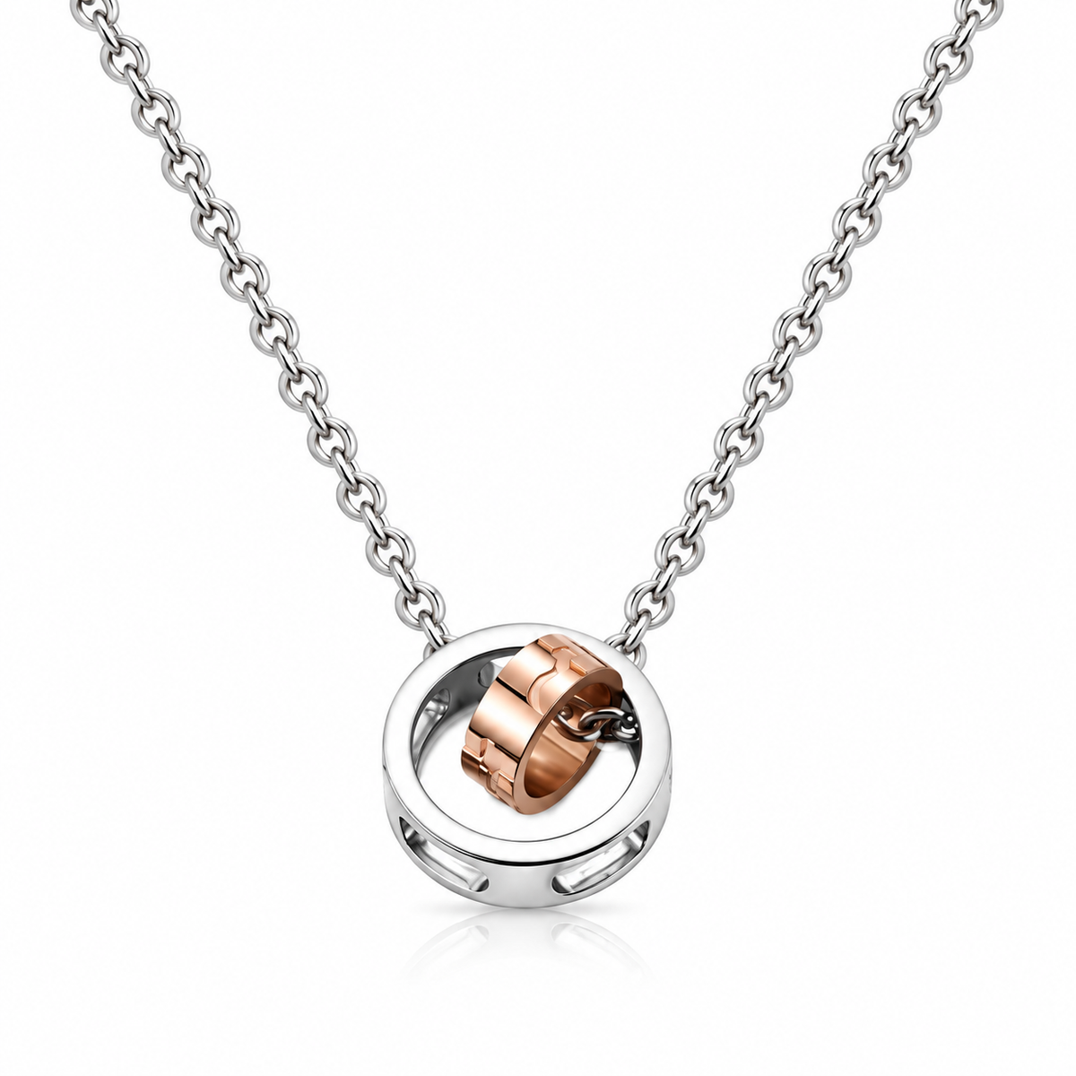 Silver and rose gold interlocking ring pendant necklace