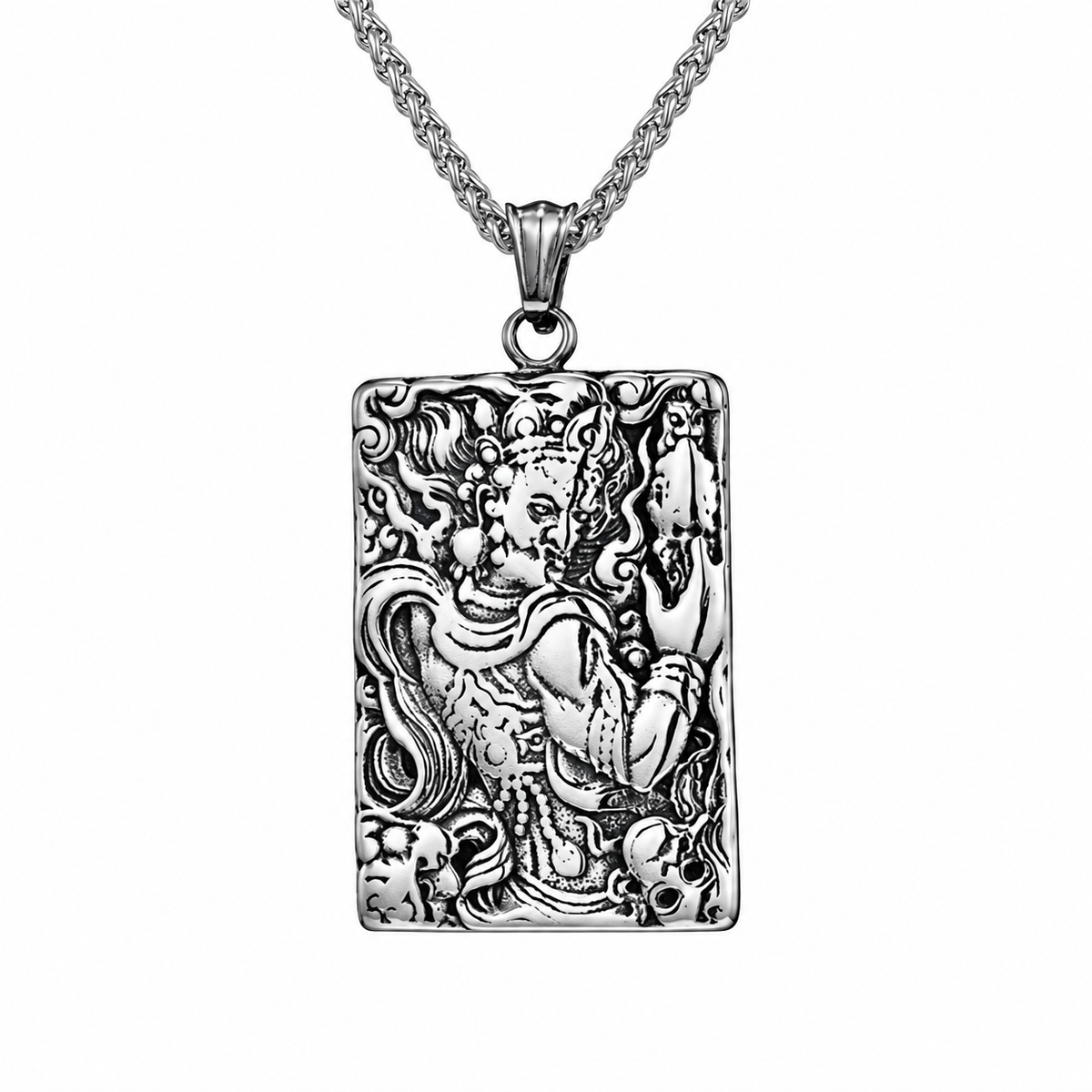 Silver engraved pendant necklace on pure white background