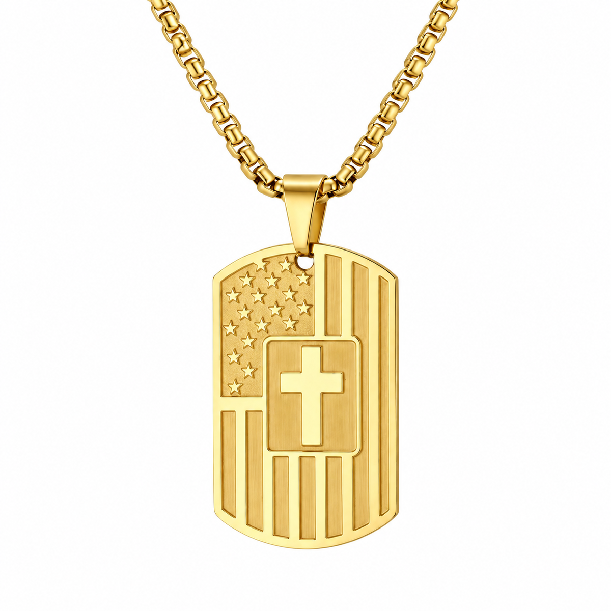 Gold cross and flag dog tag pendant necklace