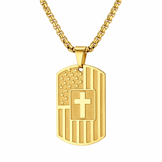 Gold cross and flag dog tag pendant necklace