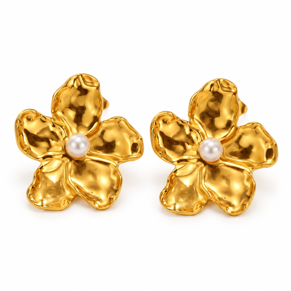Gold Pearl Flower Stud Earrings — Pair