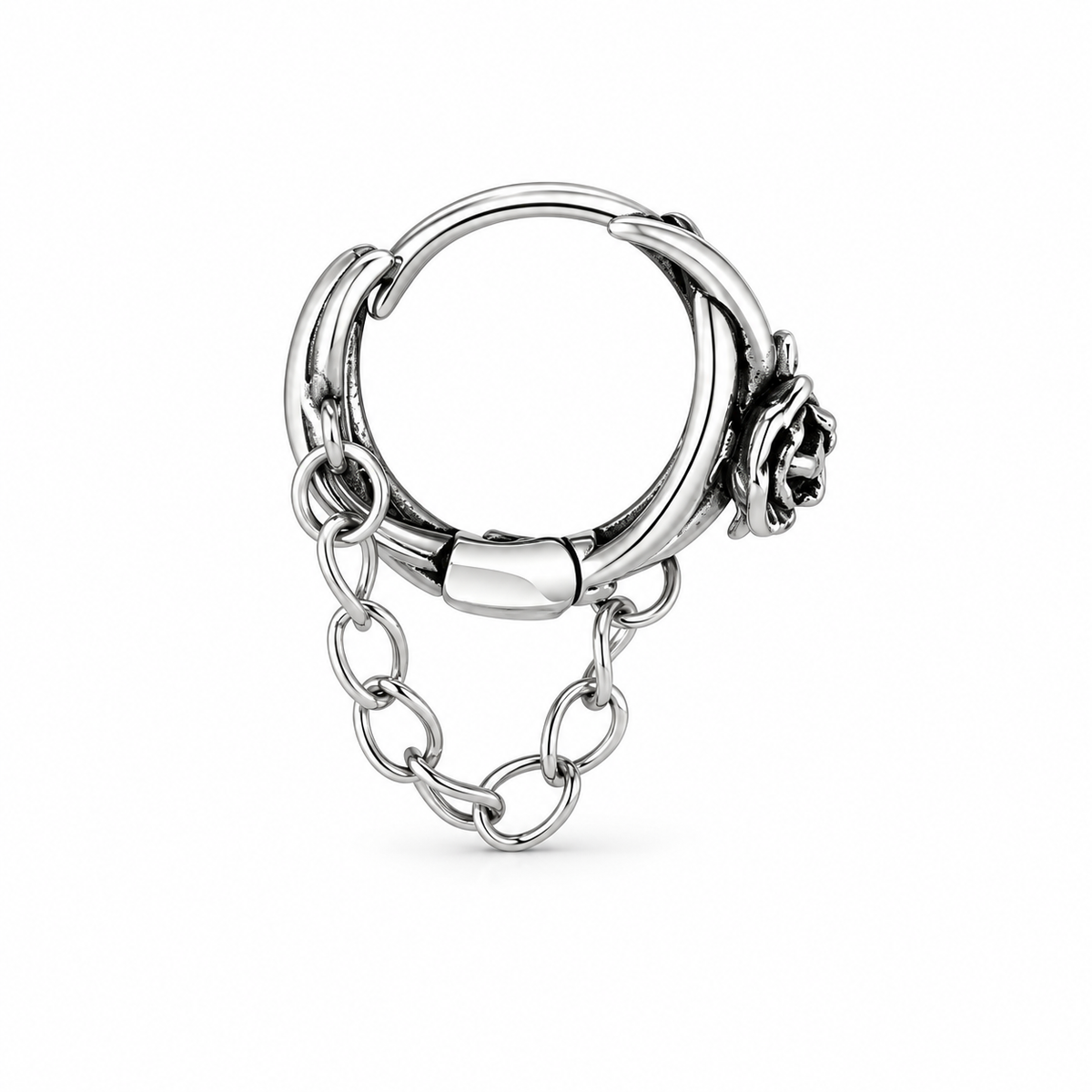 Single antiqued silver-tone rose and chain hoop earring on a pure white background