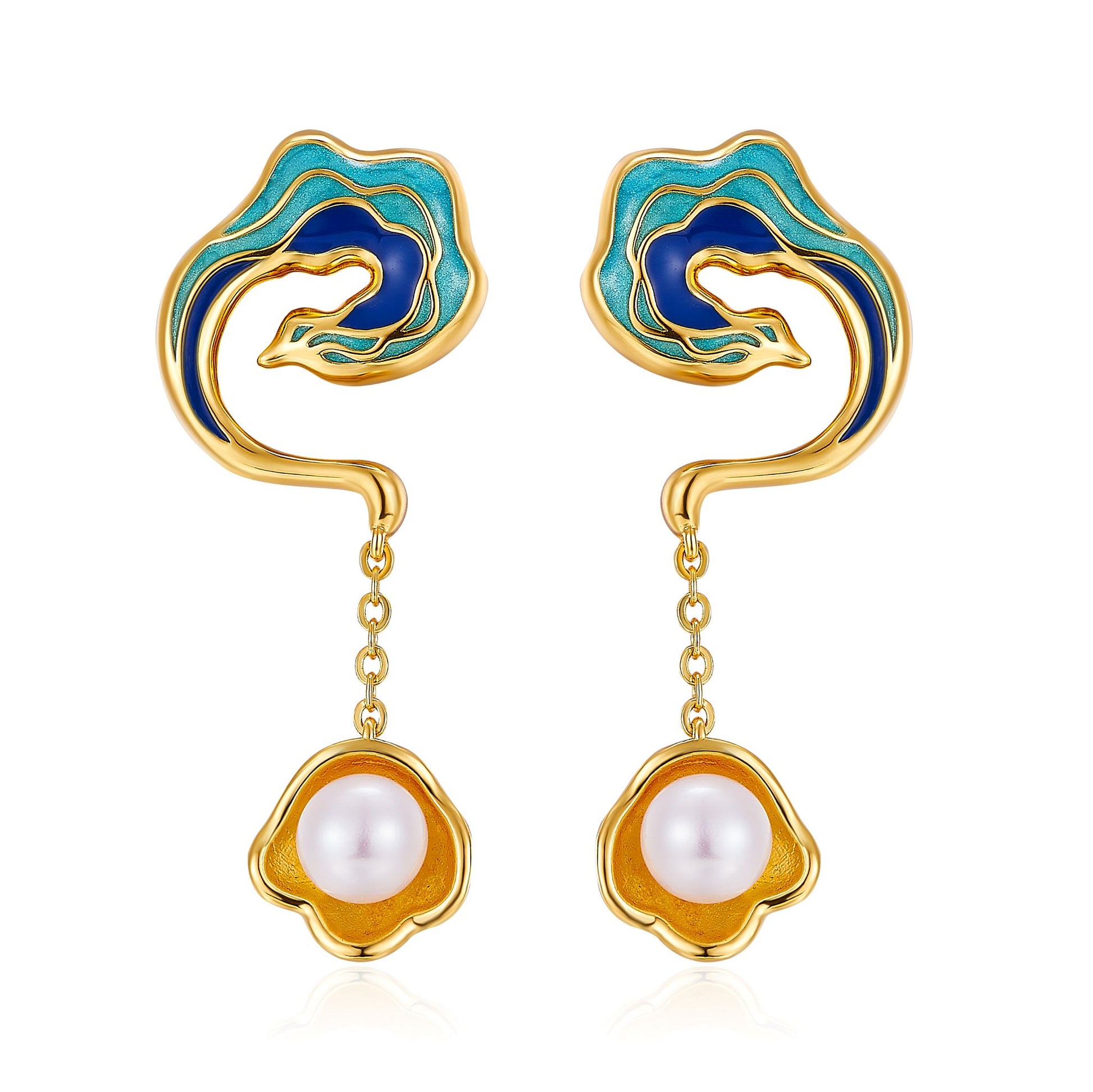 Cyan Flying Phoenix Enamel with Pearl Drop Earrings for Women