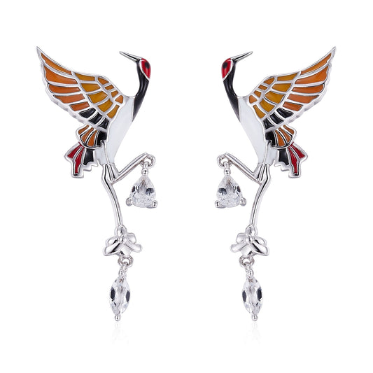 Crane Enamel Silver Drop Earrings for Women