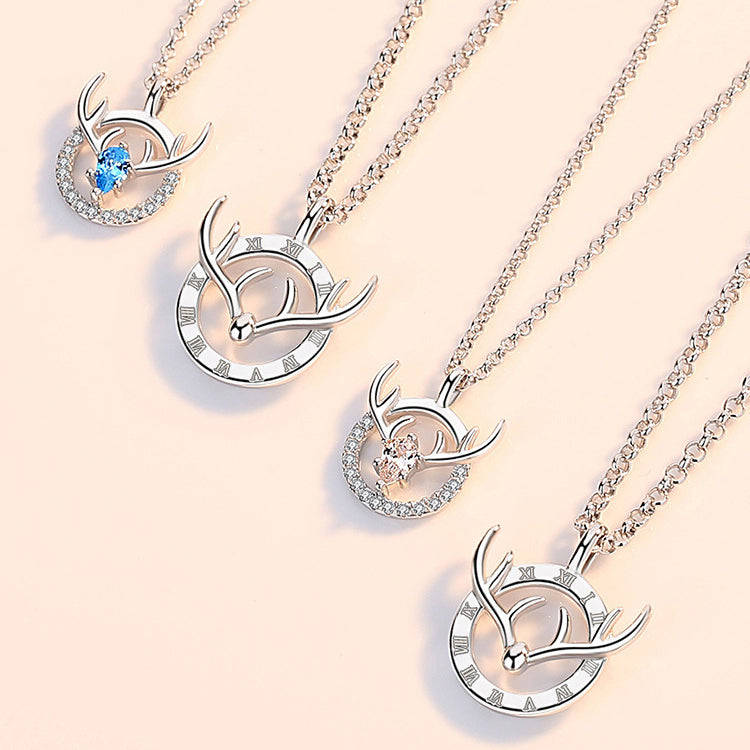 Deer with Zircon Circle Pendant Silver Necklace for Women