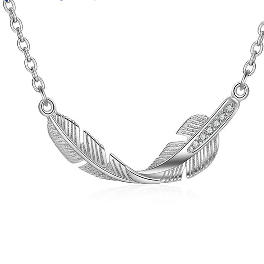 Feather with Zircon Pendant Silver Necklace for Women