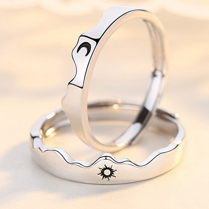 Sun and Moon Mountain Silver Couple Ring for Women