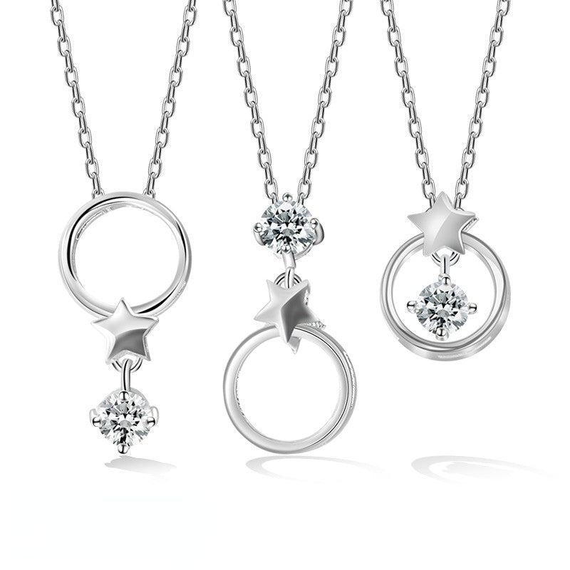 Single Zircon Circle with Star Pendant Multi Wear Silver Necklace for Women