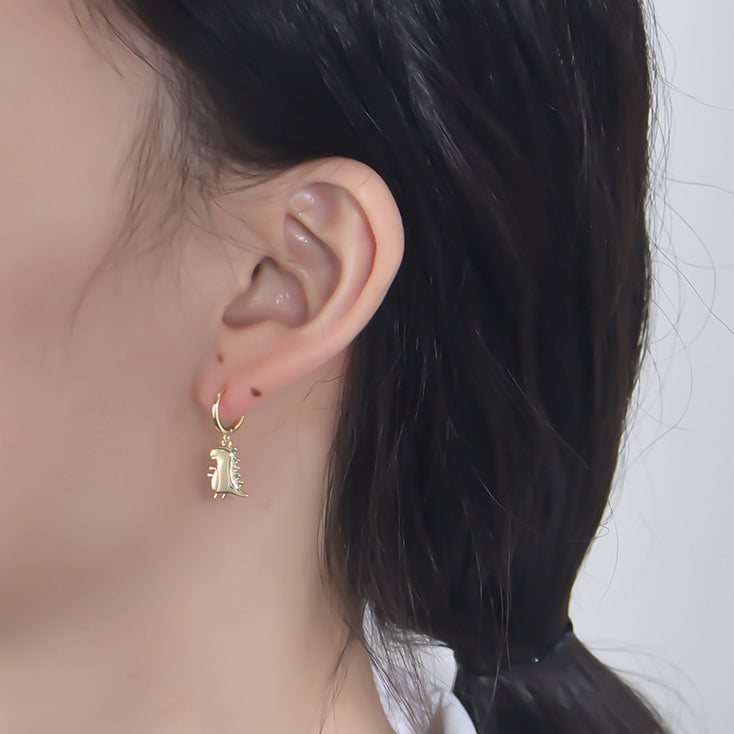 Small Dinosaur with Green Zircon Silver Hoop Earrings for Women