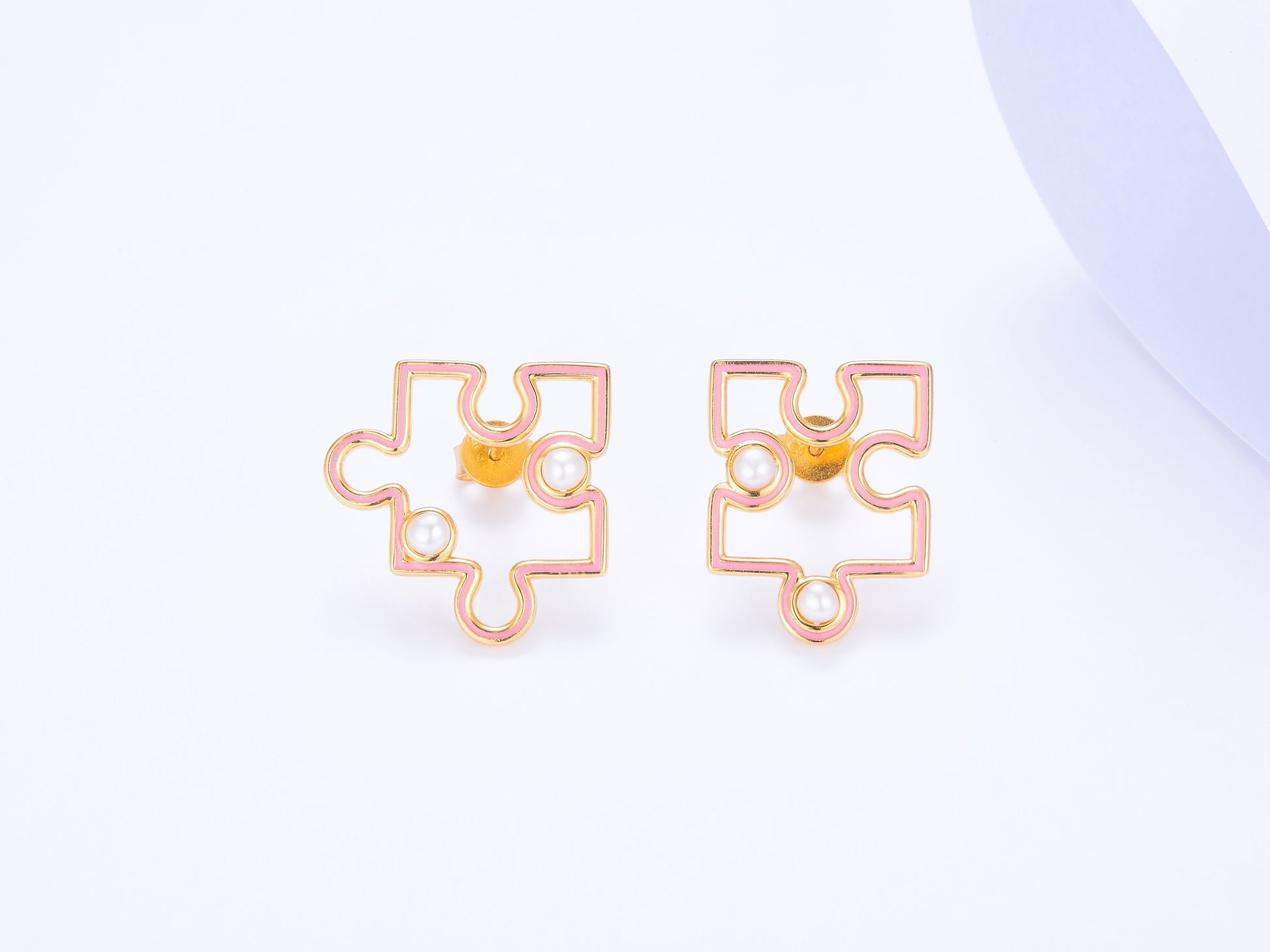 Golden Puzzle Enamel with Pearls Studs Earrings for Women