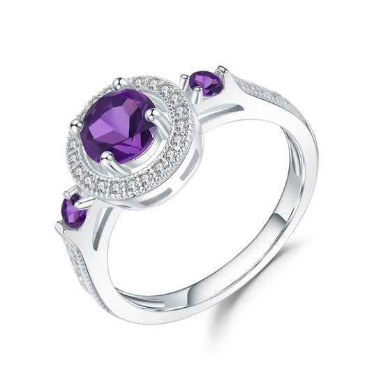 Natural Amethyst Fashion Soleste Halo Silver Ring for Women