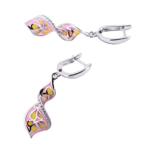 Pink Twist Lines Enamel Silver Drop Earrings for Women