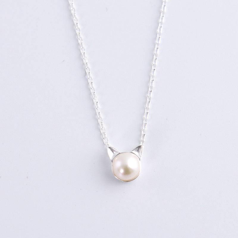 Freshwater Pearl Sweet Cat Pendant Silver Necklace for Women