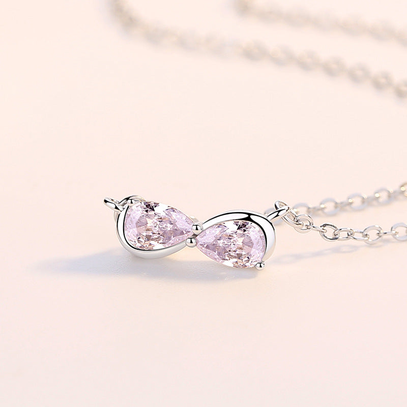Pink Zircon Bowknot  Pendant Silver Necklace for Women