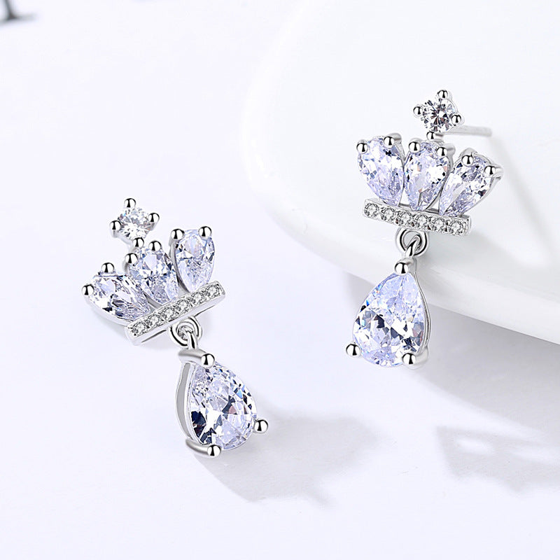 Crown with Pear Drop Zircon Silver Drop Earrings for Women