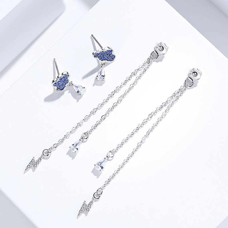 Two Wearing Design with Blue Zircon Long Tassels Silver Drop Earrings  for Women
