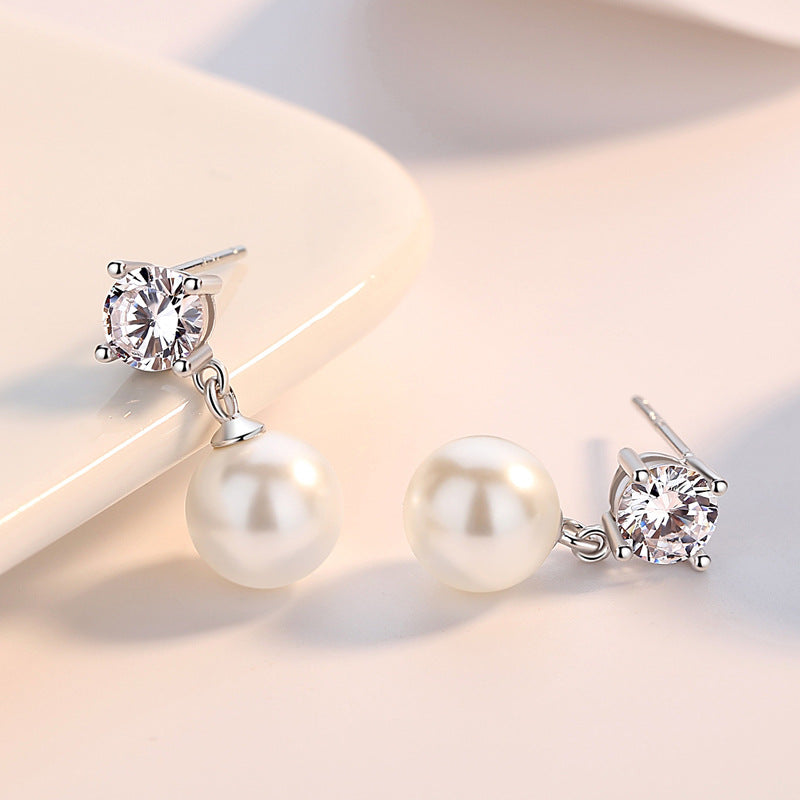 Pearl Bead Pendant with Zircon Silver Drop Earrings for Women