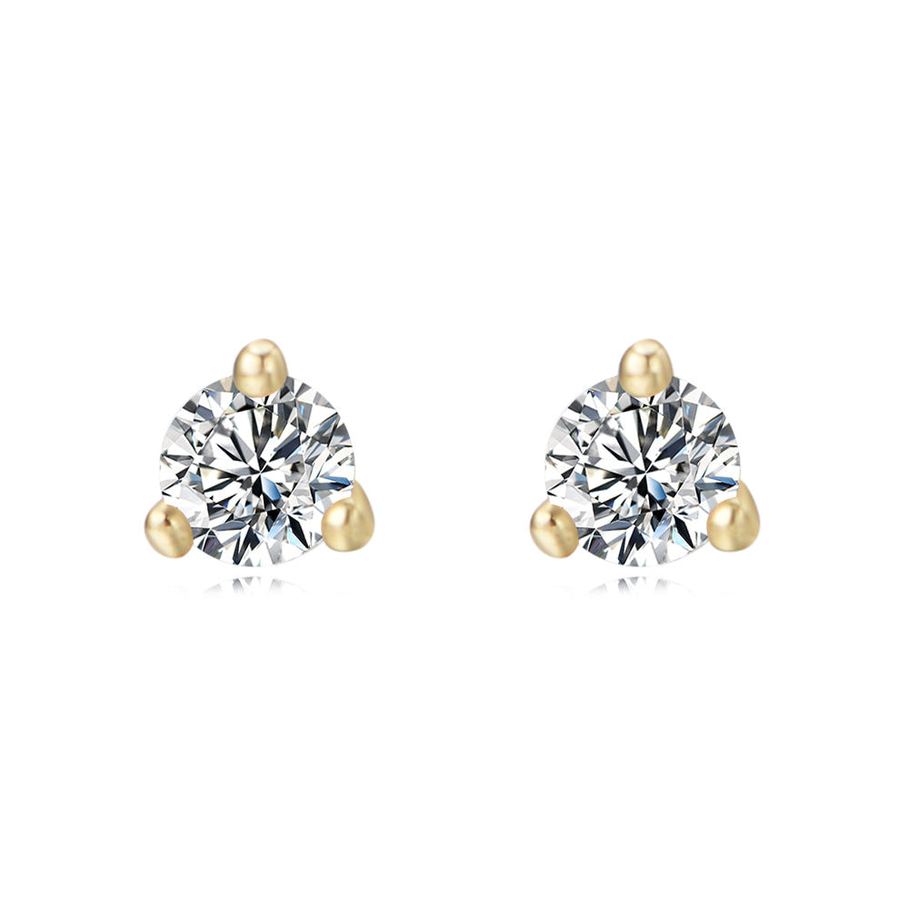 Three Prongs Round Zircon Silver Studs Earrings for Women