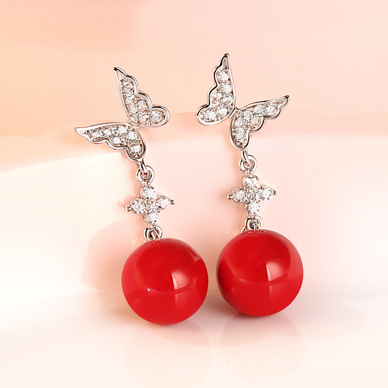 Zircon Butterfly Tassel Red Bead Silver Drop Earrings for Women
