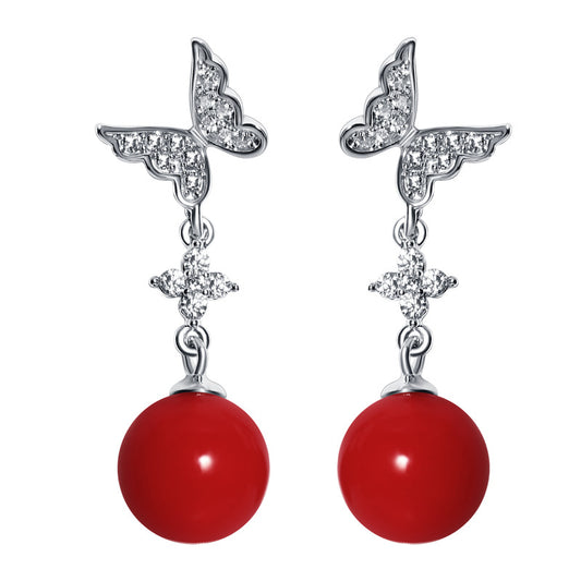 Zircon Butterfly Tassel Red Bead Silver Drop Earrings for Women