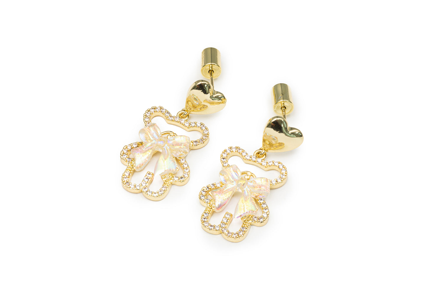 Golden Bear with Bows Drop Earrings - Golden Drop Earrings for Women