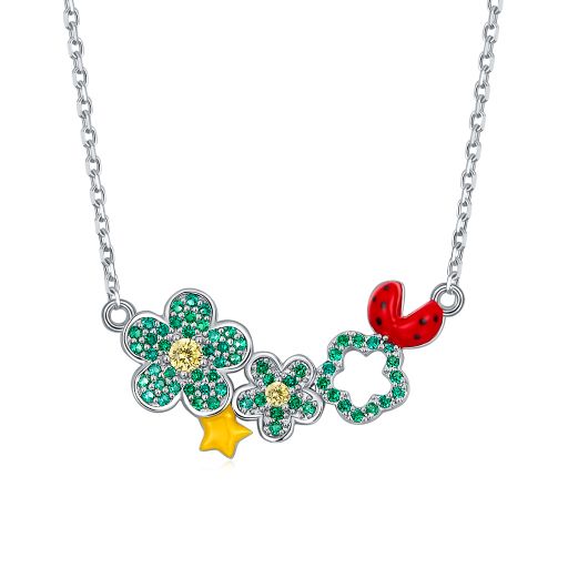 Ladybug with Flower Enamel Silver Necklace for Women