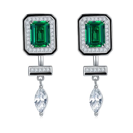 Emerald Colour Square Enamel Silver Drop Earrings for Women