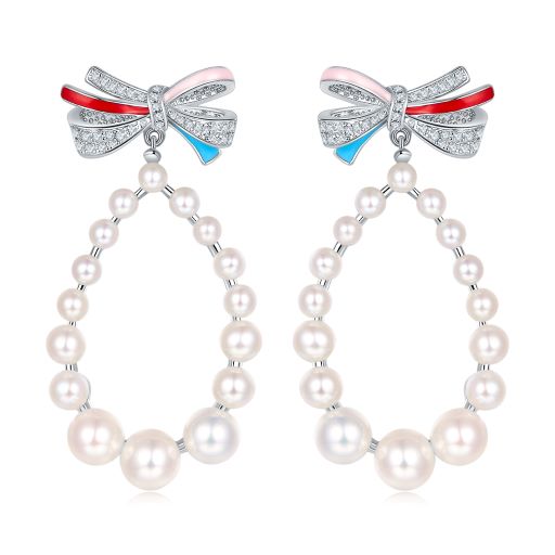 Bowknot Enamel with Pearl Silver Pendant Earrings for Women