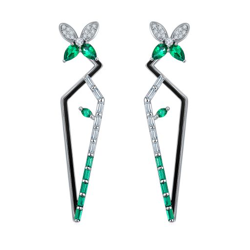 Emerald Colour Bamboo Flower Enamel Silver Drop Earrings for Women