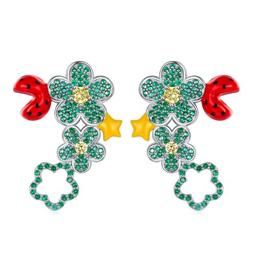 Ladybug with Flower Enamel Silver Earrings for Women