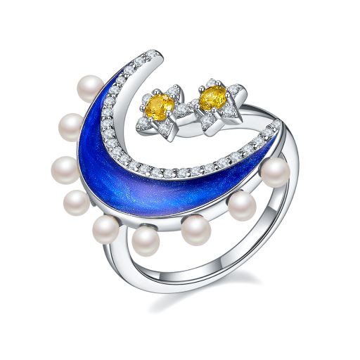 Moon Star Enamel with Pearl Sliver Ring for Women