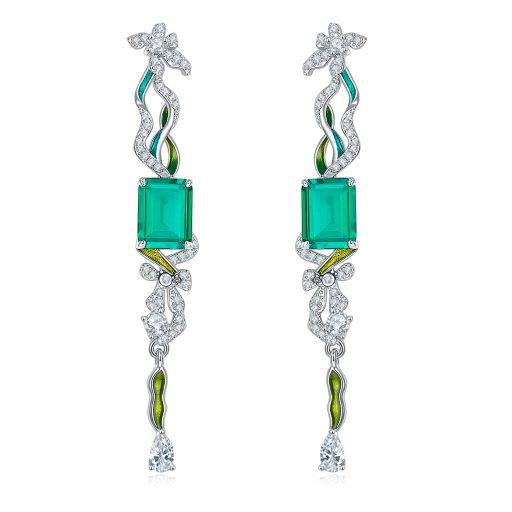 Green Colour Enamel Silver Drop Earrings for Women