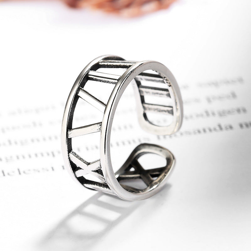 Hollow Roman Numeral Silver Ring for Women