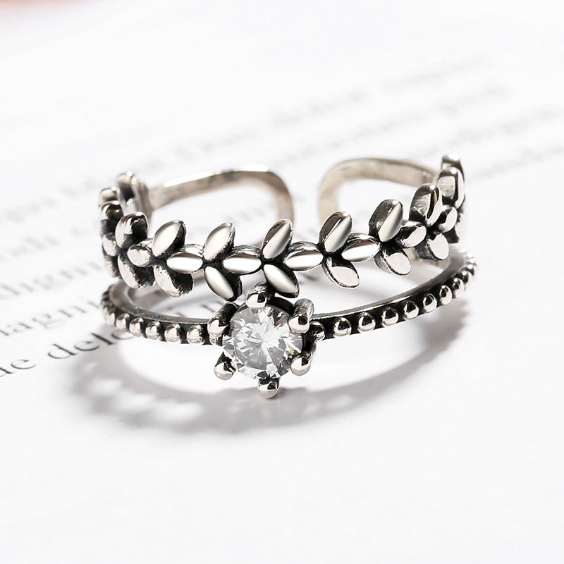 Retro Leaves with Zircon Double-layer Silver Ring for Women