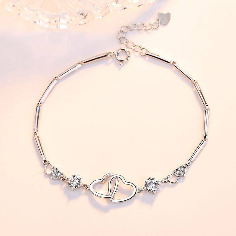 Hollow Heart Buckle with Zircon Silver Bracelet for Women