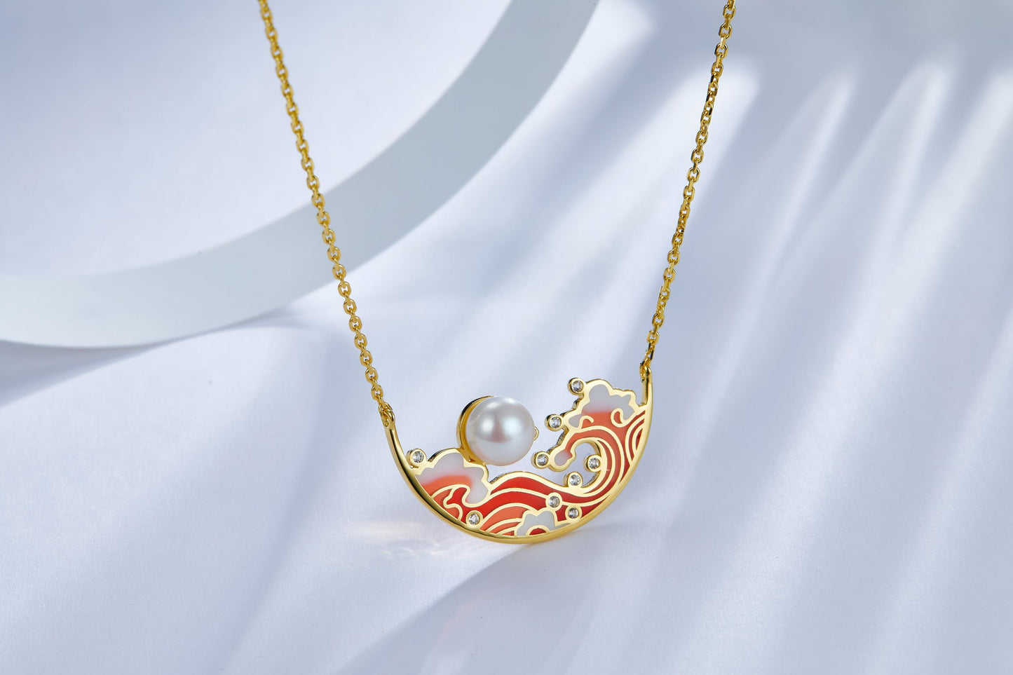 (Two Colours) Tidal Water Enamel with Pearl Golden Necklace for Women