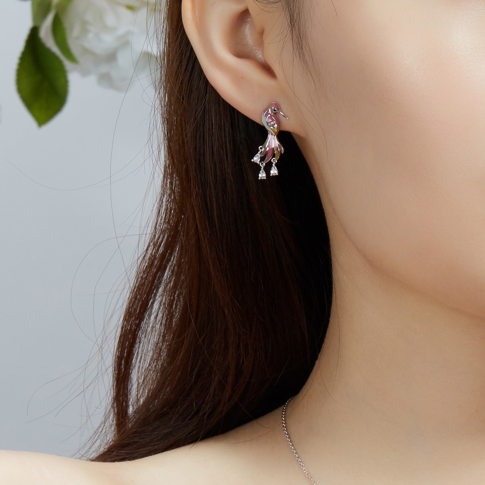 Pink Rosefinch Enamel Silver Earrings for Women