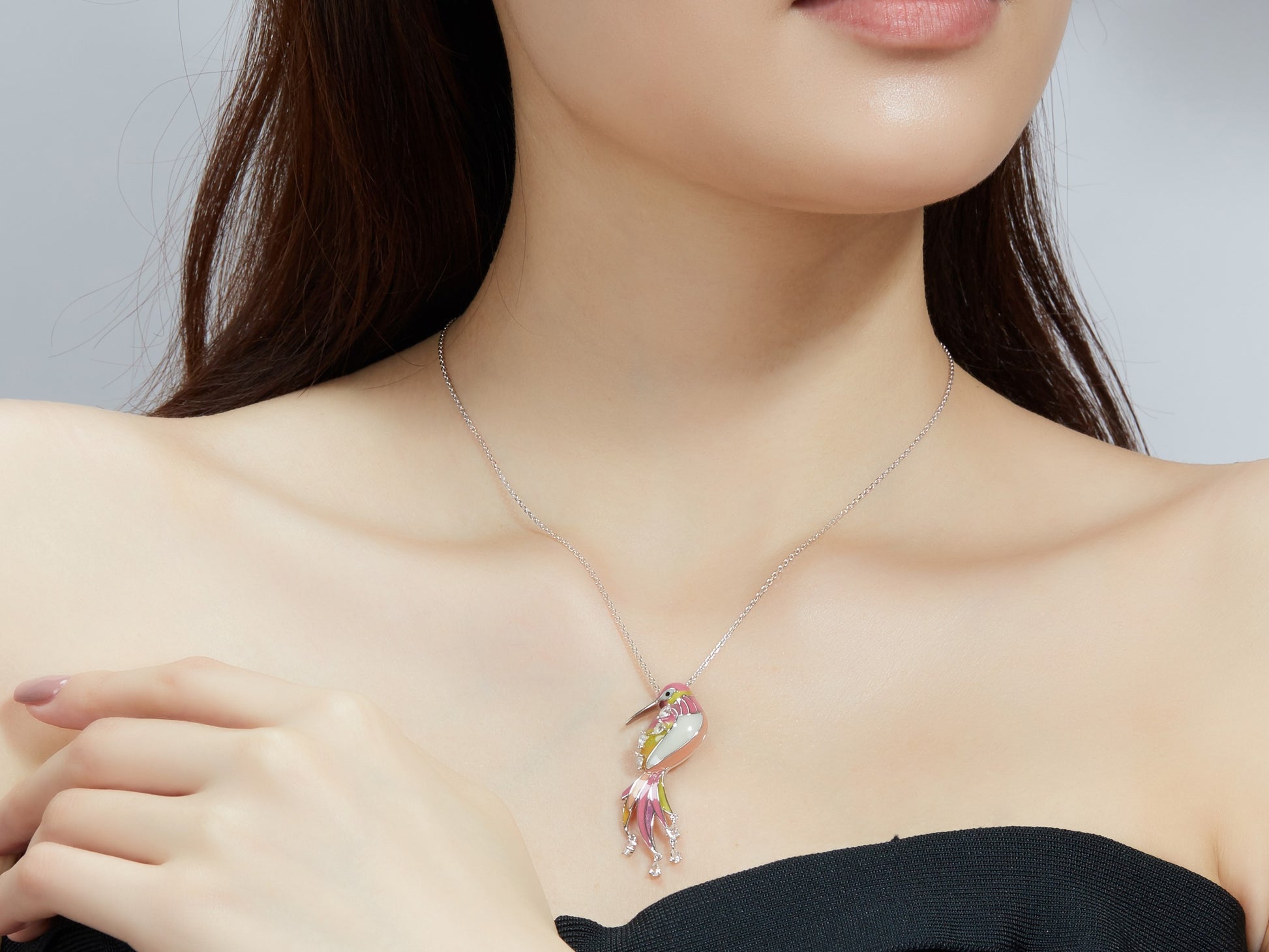 Pink Rosefinch Enamel Silver Necklace for Women