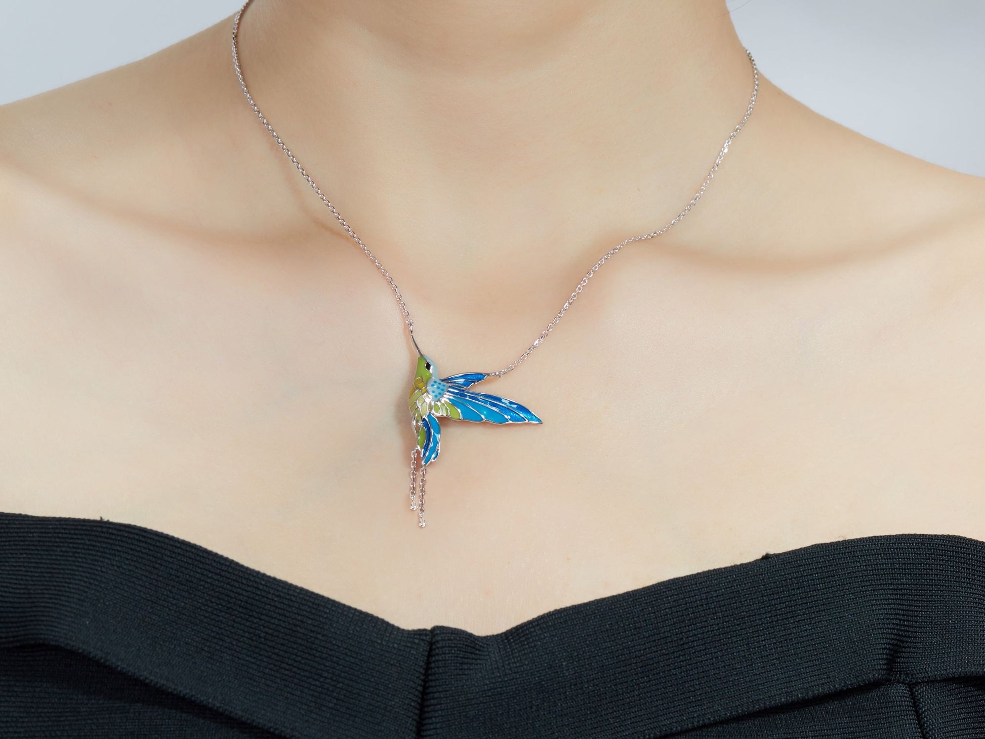 Cyan Bird Enamel Silver Necklace for Women