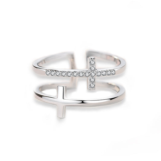 Double Cross with Zircon Silver Split Ring for Women