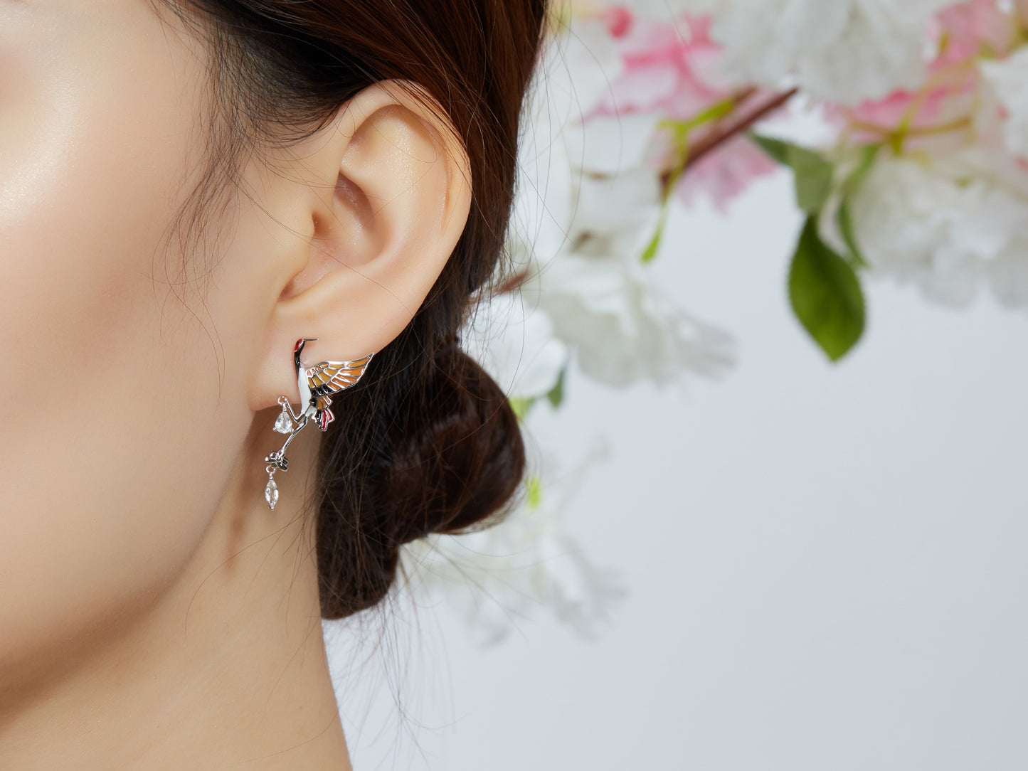 Crane Enamel Silver Drop Earrings for Women