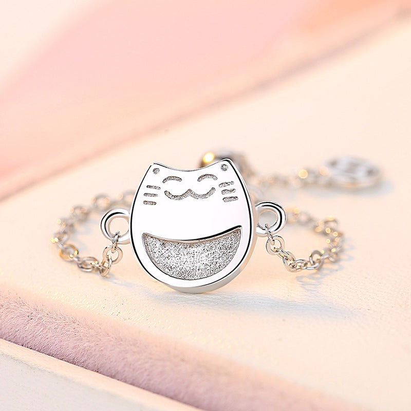 Lucky Cat Silver Chain Ring for Women