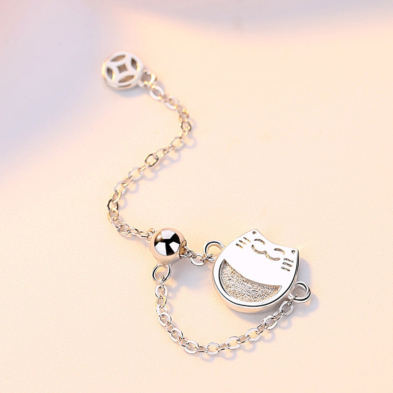 Lucky Cat Silver Chain Ring for Women